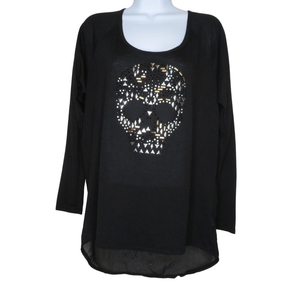 Vintage 90s Y2K Volcom Black Top Womens M Skull Long Sleeve Sheer Back